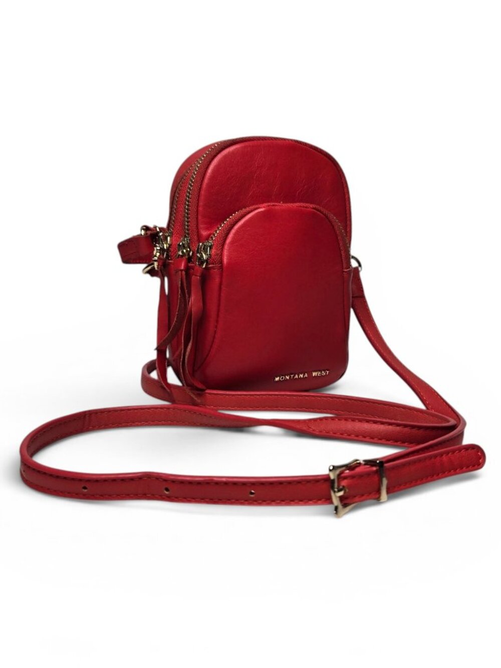 Montana West Mini Crossbody‎ Bag Womens Lipstick Red Vegan Leather Gold Zip